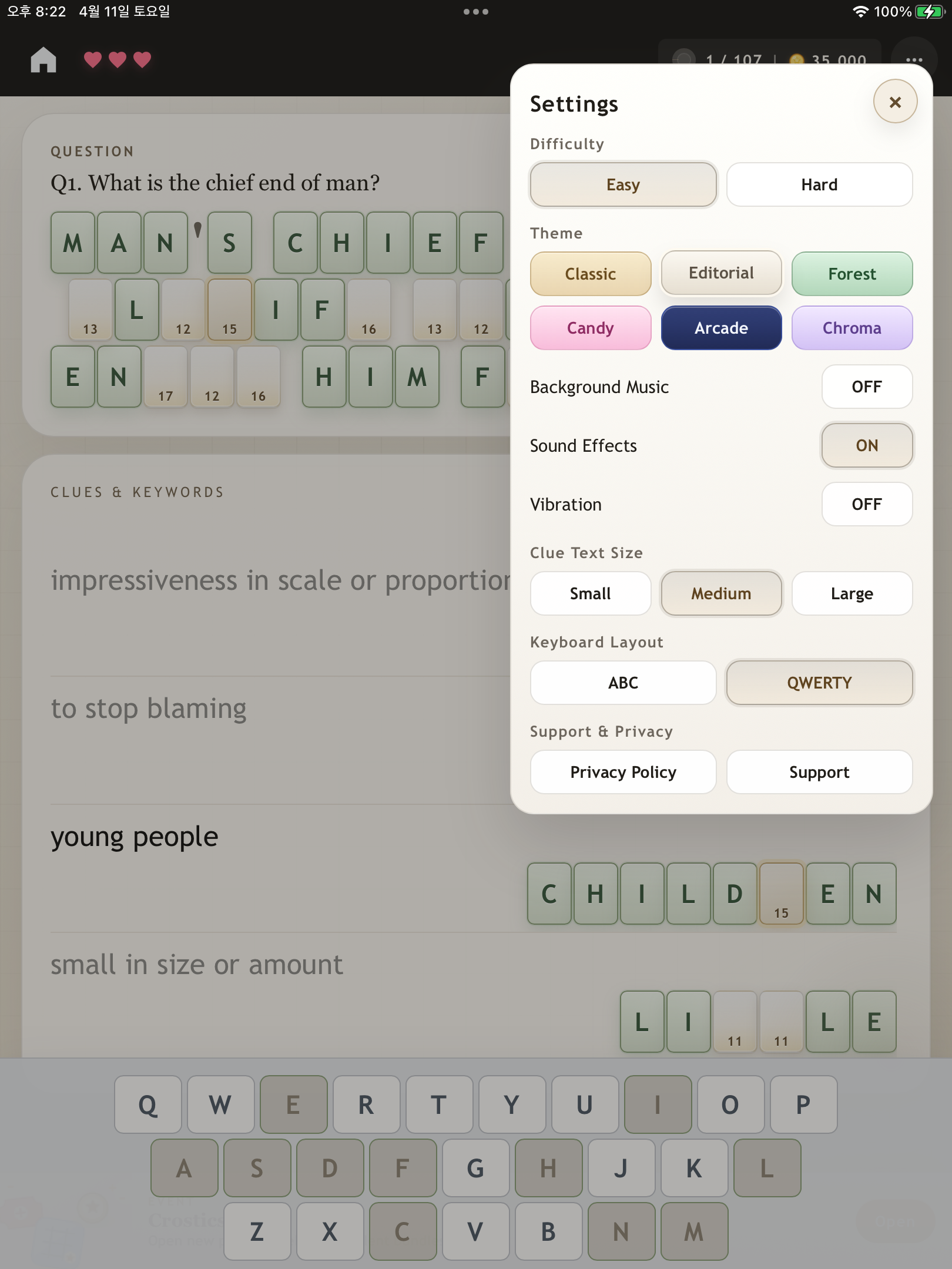 Bible Crostics Puzzle settings on iPad